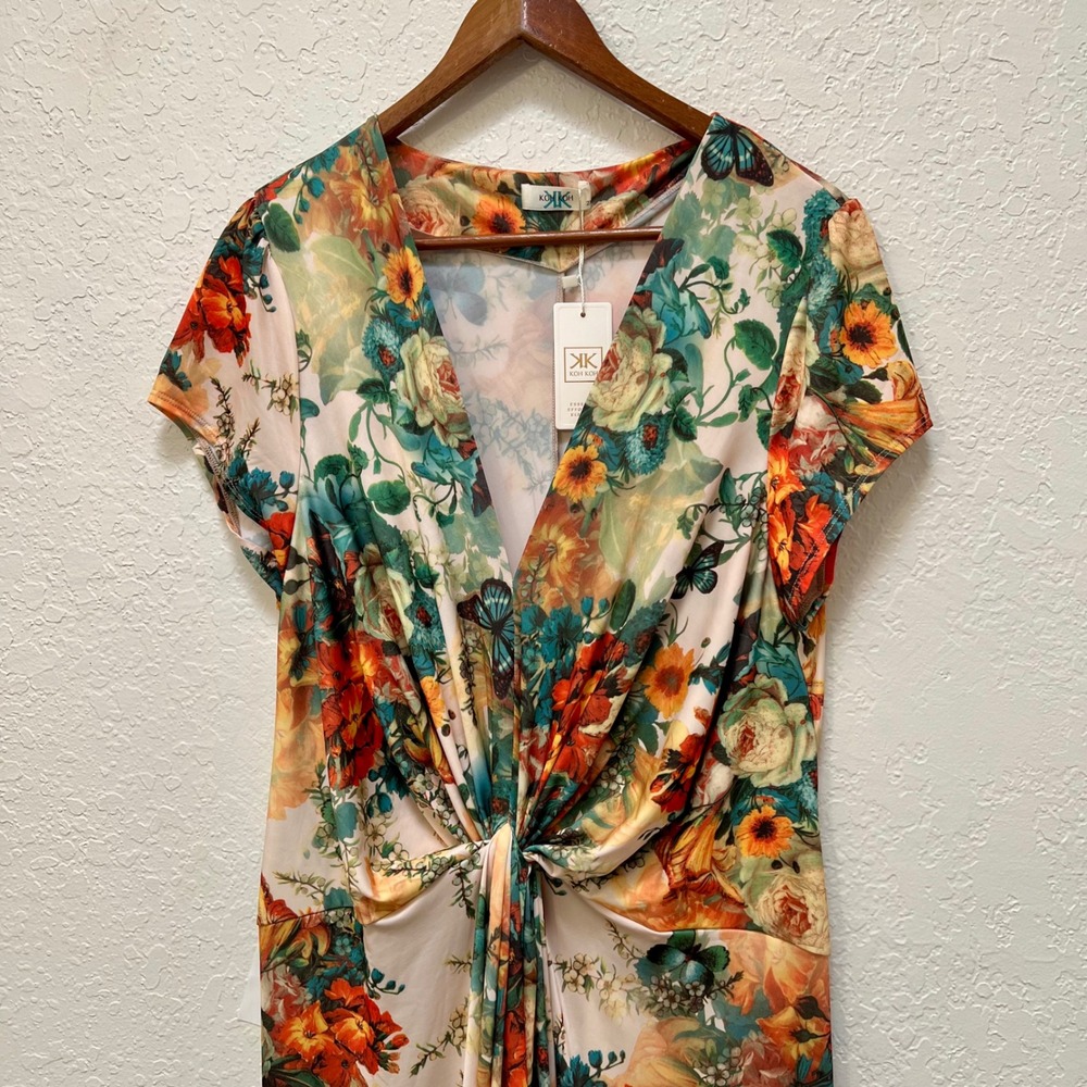 KOH KOH Womens 2X Floral Butterfly Twist Front V-Neck Maxi Dress Multicolor NWT - Picture 3 of 8